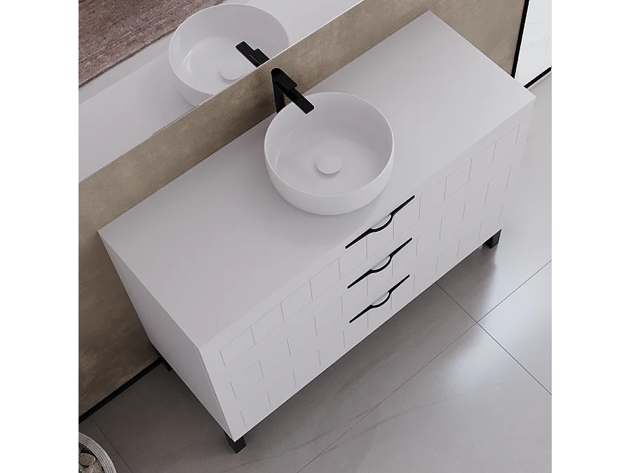 Meuble de salle de bain 120cm avec plateau et vasque à poser ronde - 3 tiroirs - blanc - CALA