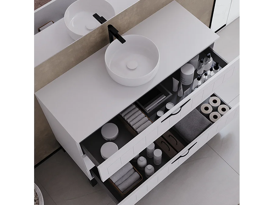Meuble de salle de bain 120cm avec plateau et vasque à poser ronde - 3 tiroirs - blanc - CALA