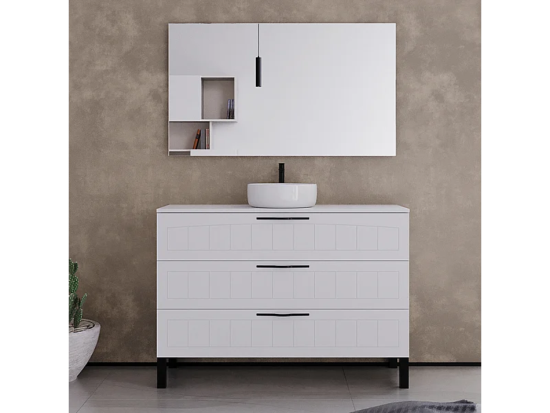 Meuble de salle de bain 120cm avec plateau et vasque à poser ronde - 3 tiroirs - blanc - CALA