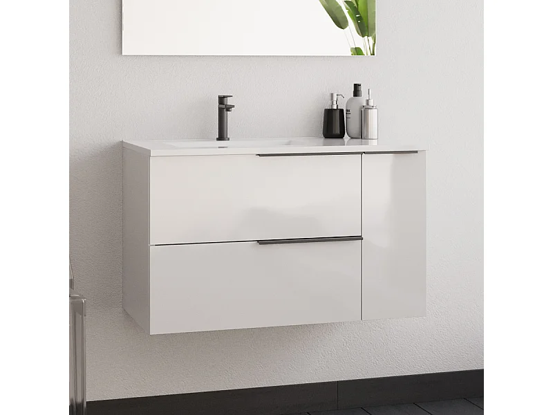Meuble de salle de bain 80cm avec vasque déportée - 2 tiroirs - sans miroir - blanc - KING