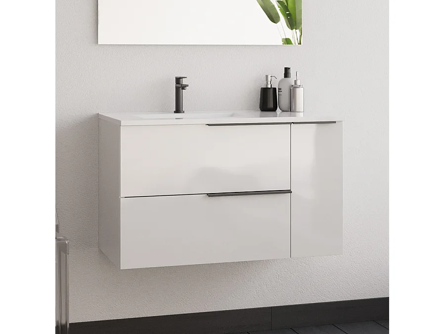 Meuble de salle de bain 80cm avec vasque déportée - 2 tiroirs - sans miroir - blanc - KING