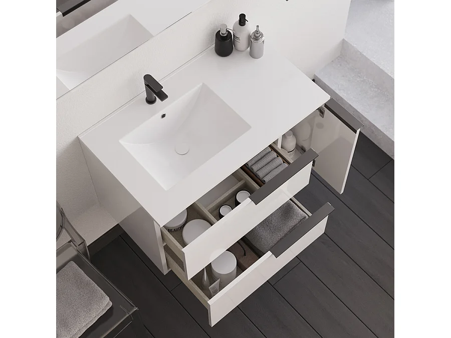 Meuble de salle de bain 80cm avec vasque déportée - 2 tiroirs - sans miroir - blanc - KING