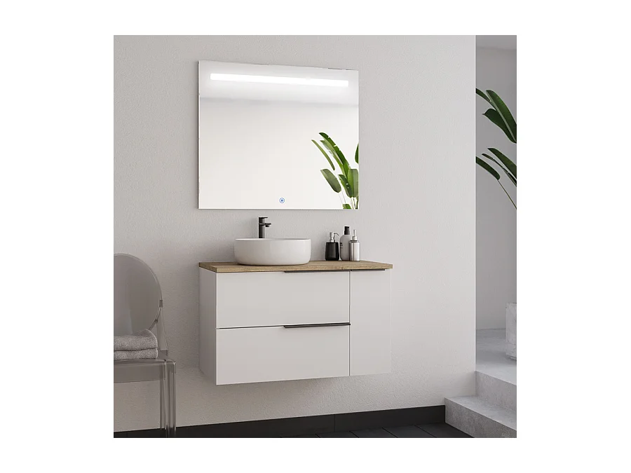 Meuble de salle de bain 80cm avec vasque à poser ronde - blanc - KING et miroir led STAM