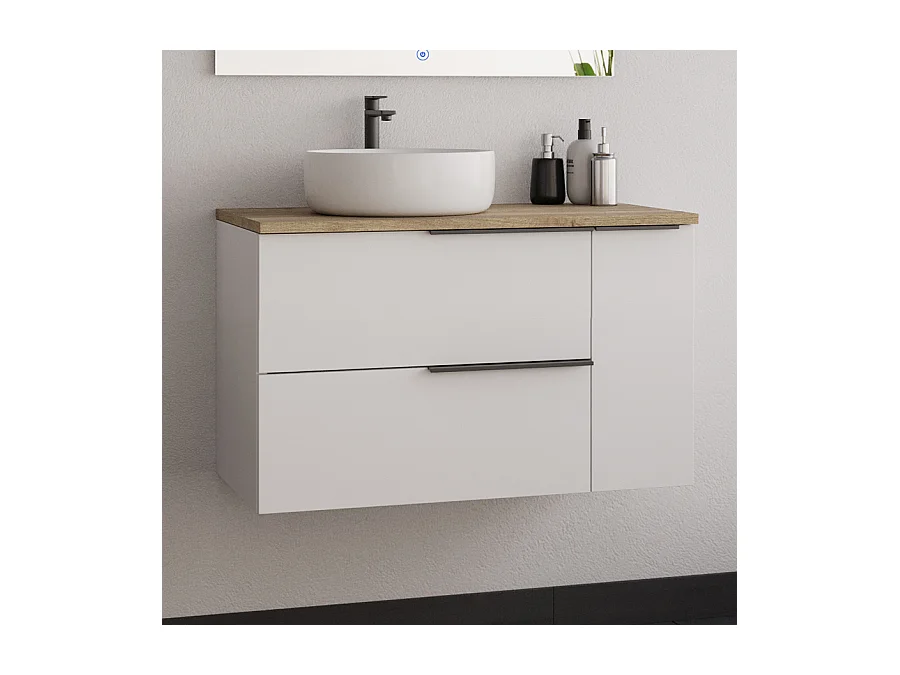 Meuble de salle de bain 80cm avec vasque à poser ronde - blanc - KING et miroir led STAM