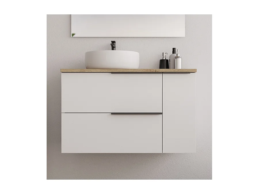 Meuble de salle de bain 80cm avec vasque à poser ronde - blanc - KING et miroir led STAM