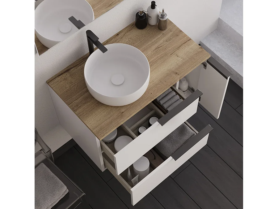 Meuble de salle de bain 80cm avec vasque à poser ronde - blanc - KING et miroir led STAM