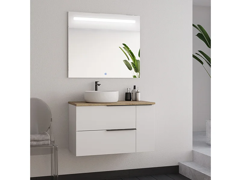 Meuble de salle de bain 80cm avec vasque à poser ronde - blanc - KING et miroir led STAM