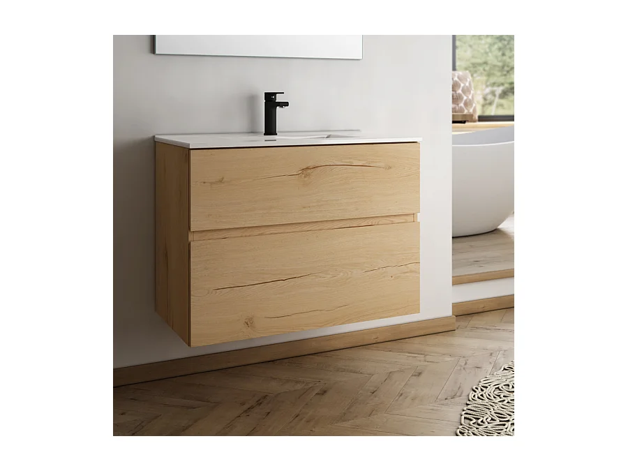 Meuble de salle de bain 60cm simple vasque - 2 tiroirs - sans miroir - MIG - roble (chêne clair)