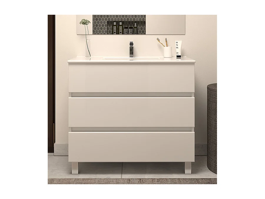 Meuble de salle de bain 80cm simple vasque - sans miroir - 3 tiroirs - blanc - MAYOR