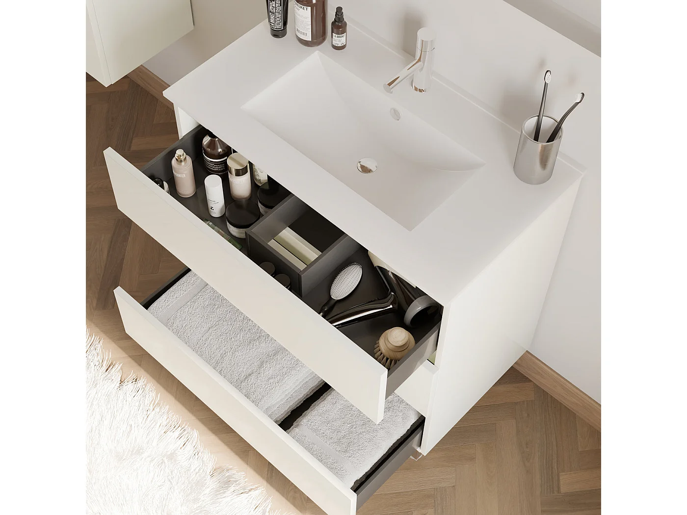 Meuble de salle de bain 80cm simple vasque - sans miroir - 3 tiroirs - blanc - MAYOR