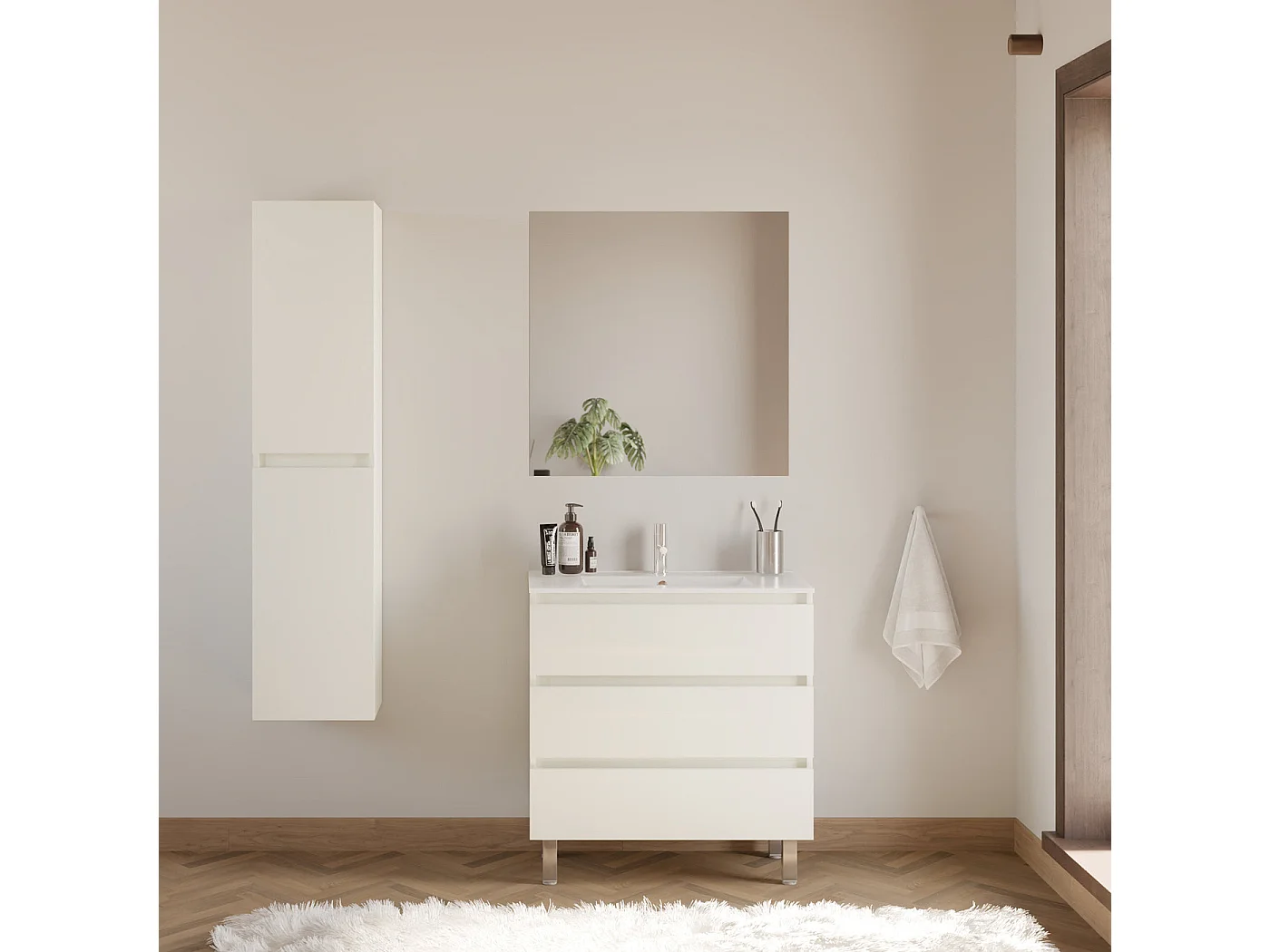 Meuble de salle de bain 80cm simple vasque - sans miroir - 3 tiroirs - blanc - MAYOR