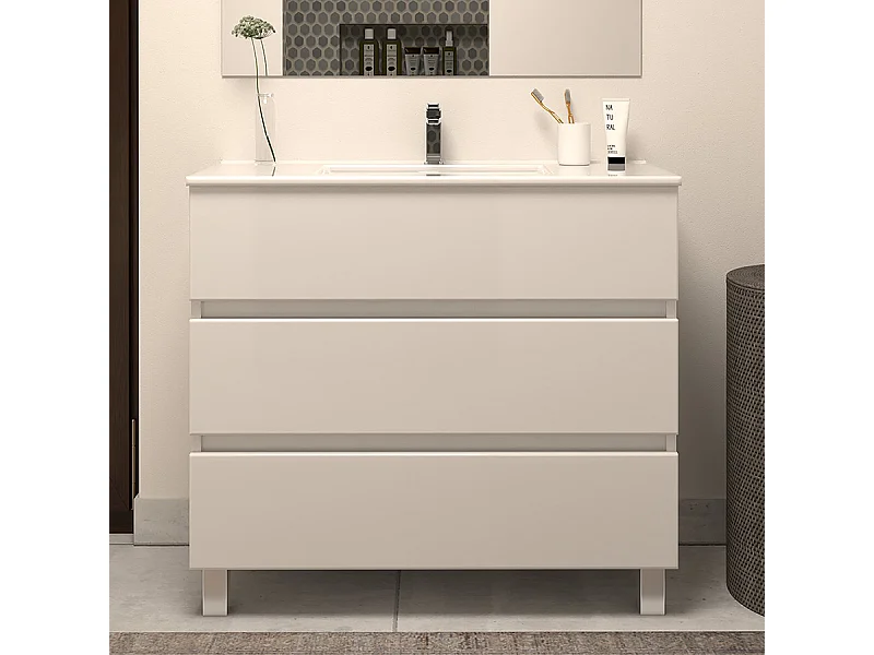 Meuble de salle de bain 80cm simple vasque - sans miroir - 3 tiroirs - blanc - MAYOR