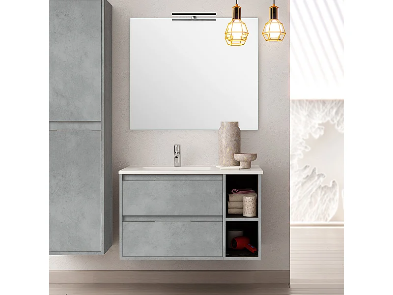 Meuble de salle de bain 80cm vasque déportée - 2 tiroirs et 2 niches - OLYMPE - ciment (gris)