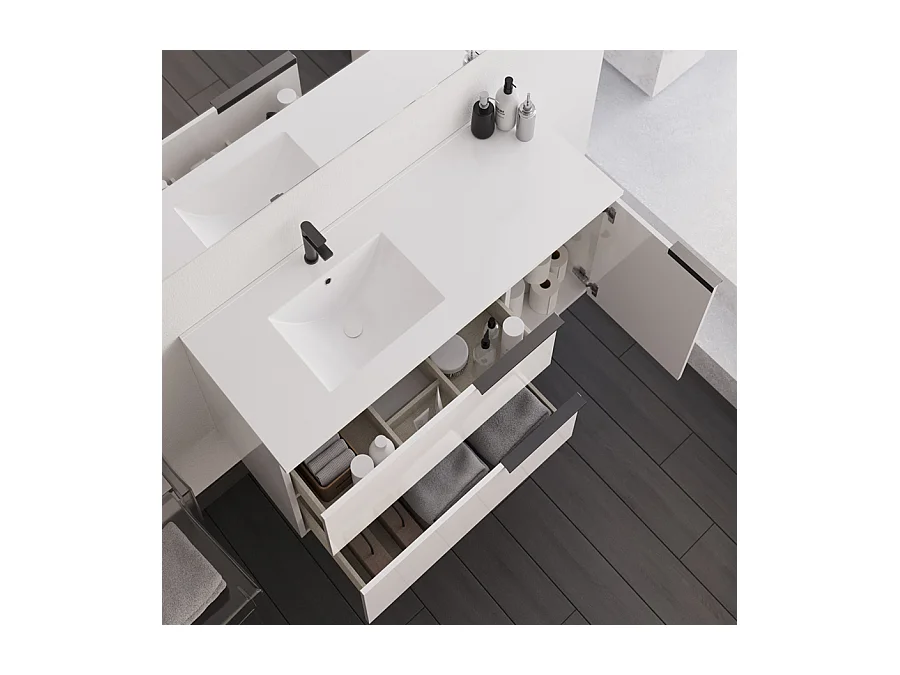 Meuble de salle de bain 100cm avec vasque déportée - 2 tiroirs - blanc - KING