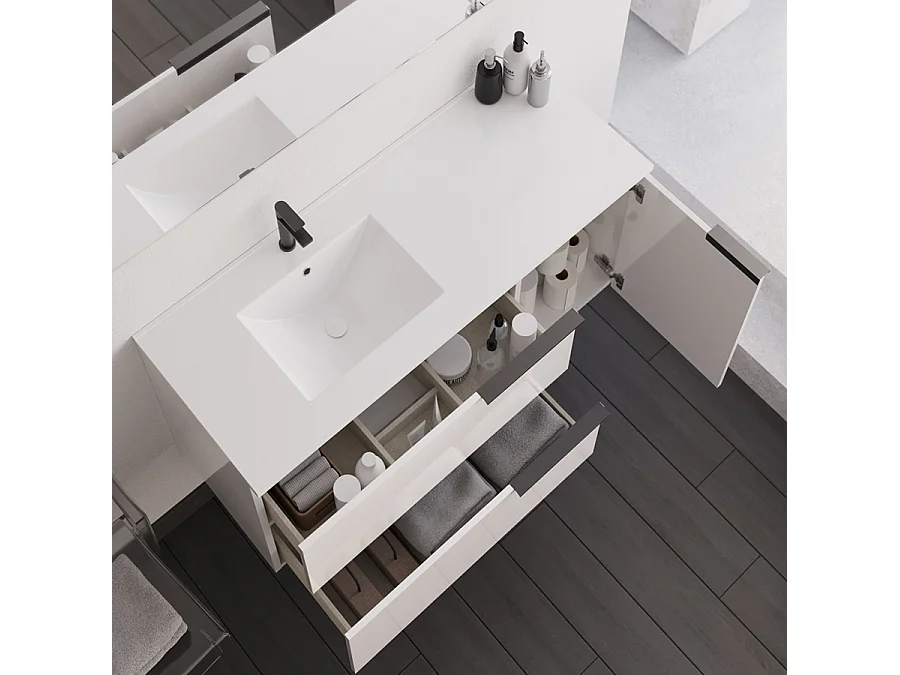 Meuble de salle de bain 100cm avec vasque déportée - 2 tiroirs - blanc - KING