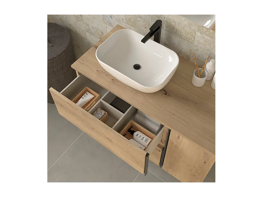 Meuble de salle de bain 100 cm vasque déportée - 2 tiroirs - PRADO - oak (chêne brut)