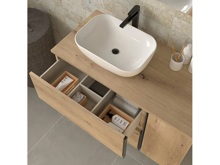 Meuble de salle de bain 100 cm vasque déportée - 2 tiroirs - PRADO - oak (chêne brut)