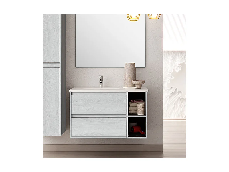 Meuble de salle de bain 80cm vasque déportée - 2 tiroirs et 2 niches - sans miroir - OLYMPE - hibernian (bois blanchi)