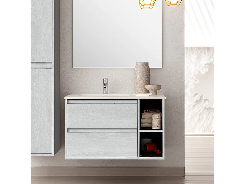 Meuble de salle de bain 80cm vasque déportée - 2 tiroirs et 2 niches - sans miroir - OLYMPE - hibernian (bois blanchi)