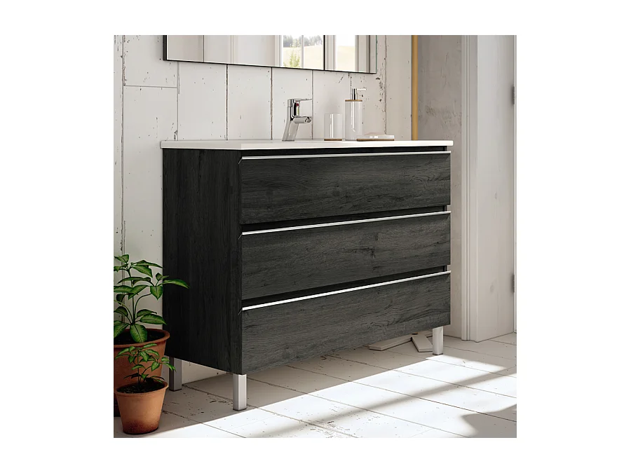 Meuble de salle de bain 80cm simple vasque - 3 tiroirs - PALMA - ebony (bois noir)