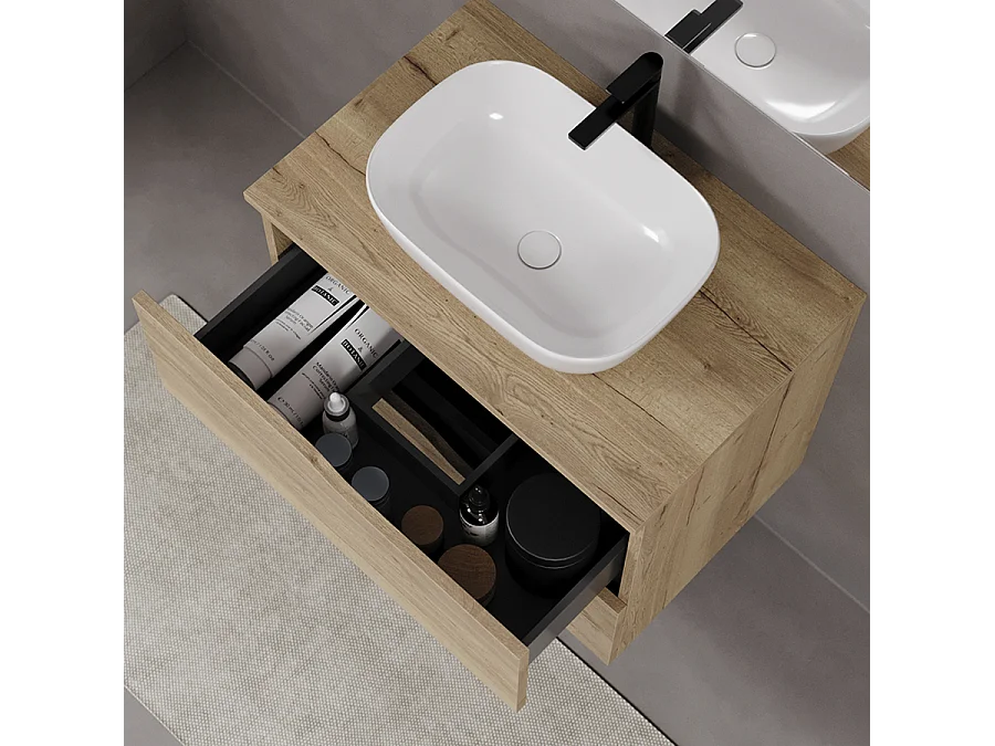 Meuble de salle de bain 70cm avec plateau et vasque à poser zeus - 2 tiroirs - sans miroir - madera miel (chêne clair) - LUNA