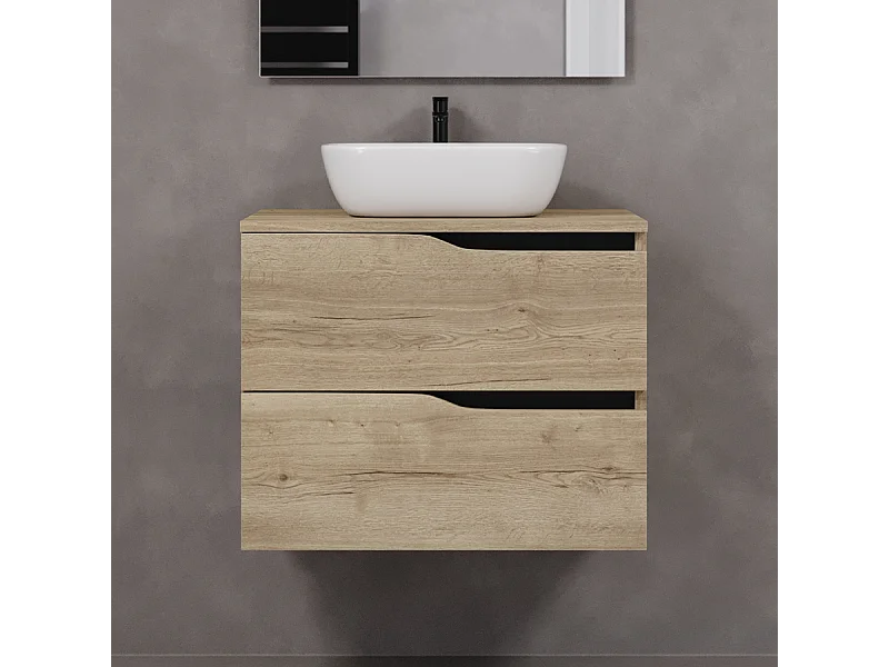 Meuble de salle de bain 70cm avec plateau et vasque à poser zeus - 2 tiroirs - sans miroir - madera miel (chêne clair) - LUNA