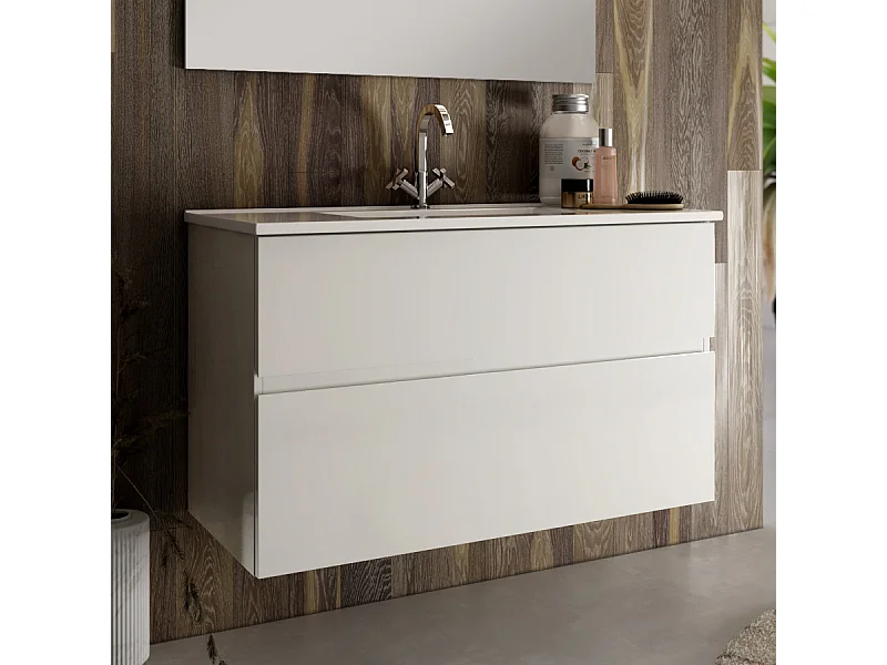 Meuble de salle de bain 80cm simple vasque - 2 tiroirs - sans miroir - MIG - blanc