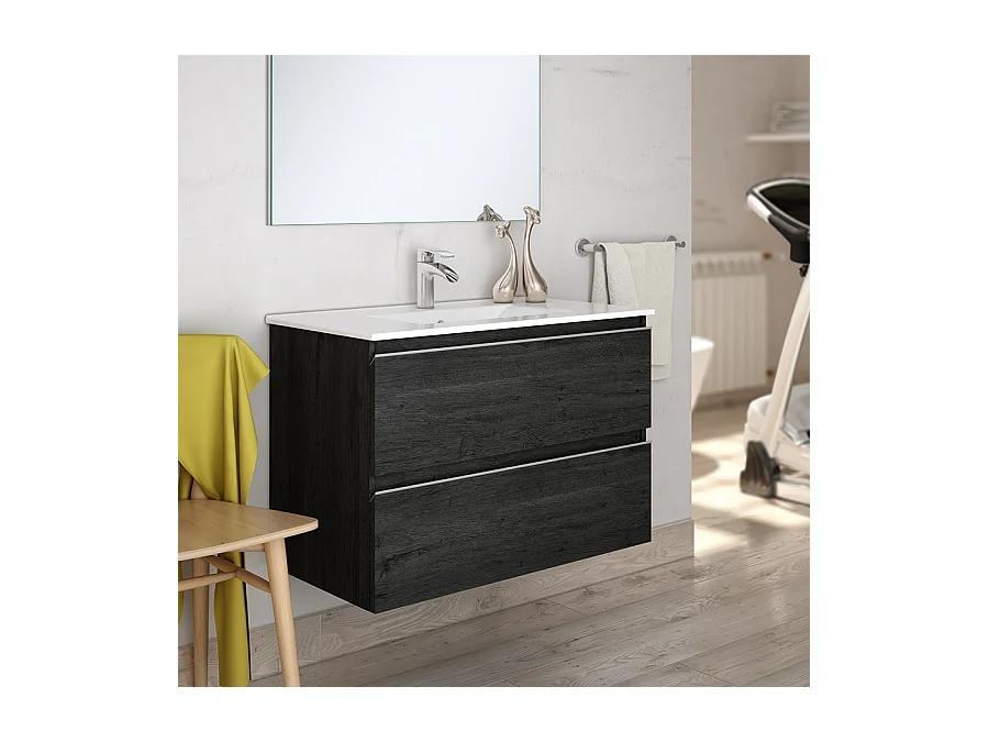 Meuble de salle de bain simple vasque - 2 tiroirs - BALEA et miroir Led STAM - ebony (bois noir) - 70cm