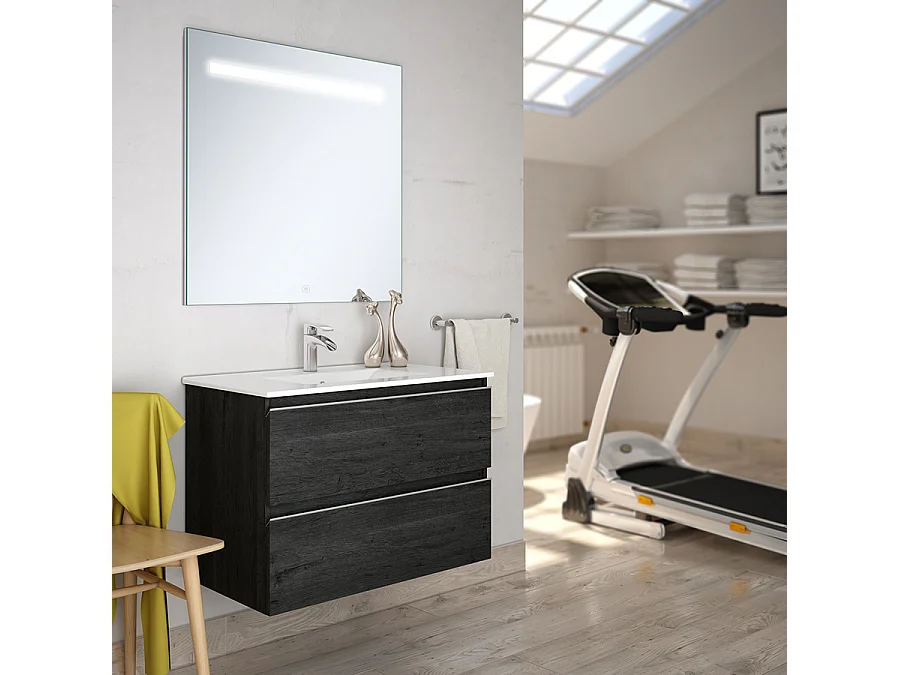Meuble de salle de bain simple vasque - 2 tiroirs - BALEA et miroir Led STAM - ebony (bois noir) - 70cm