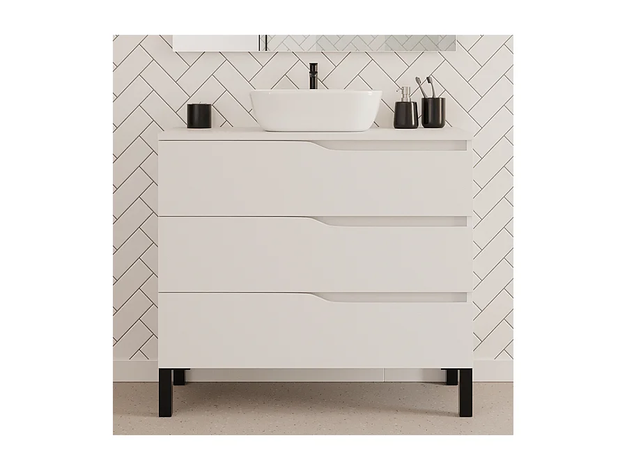 Meuble de salle de bain 90cm avec plateau et vasque à poser zeus - 3 tiroirs - blanc - MATA