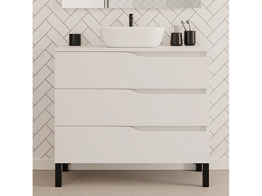 Meuble de salle de bain 90cm avec plateau et vasque à poser zeus - 3 tiroirs - blanc - MATA