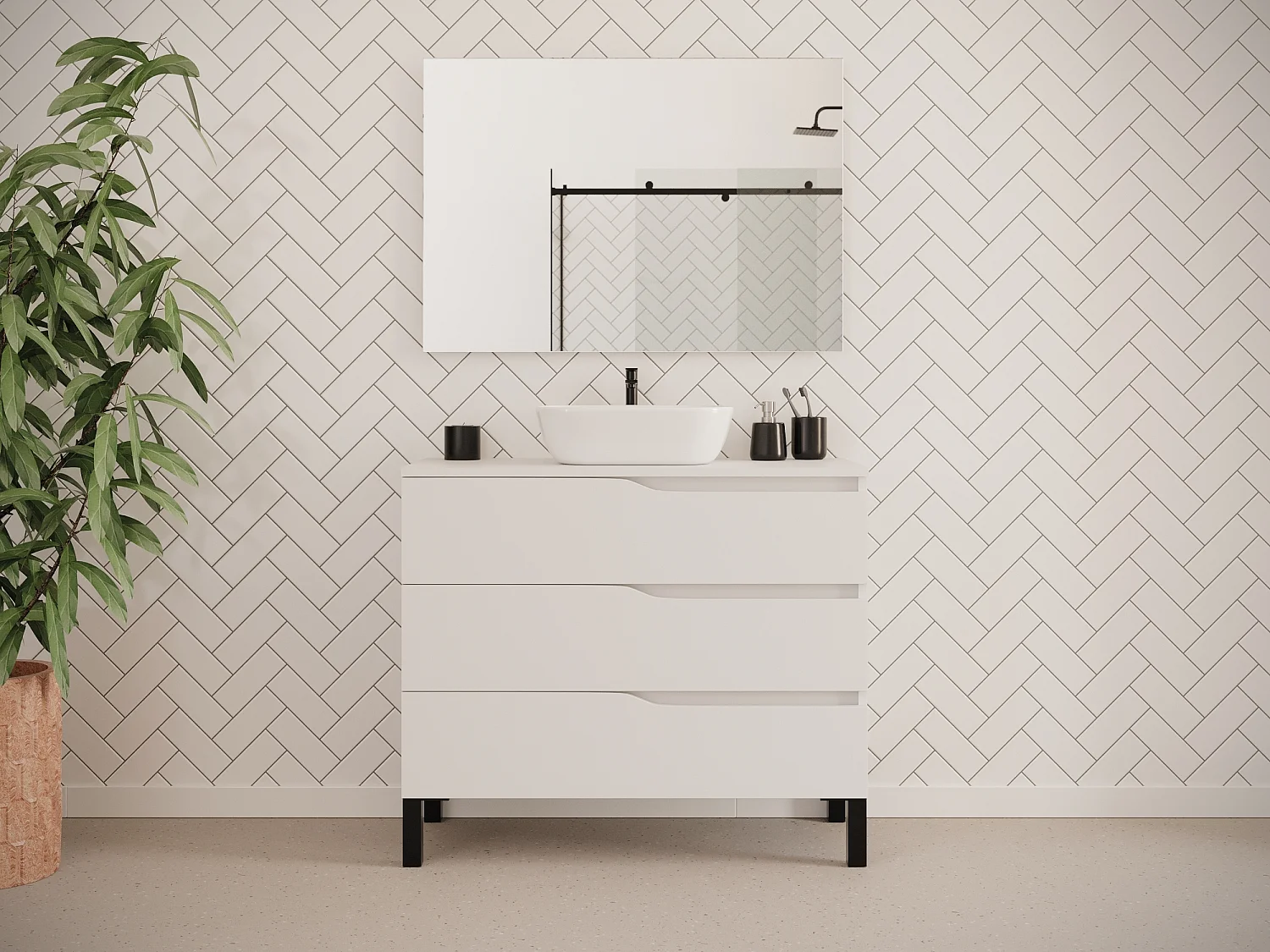Meuble de salle de bain 90cm avec plateau et vasque à poser zeus - 3 tiroirs - blanc - MATA