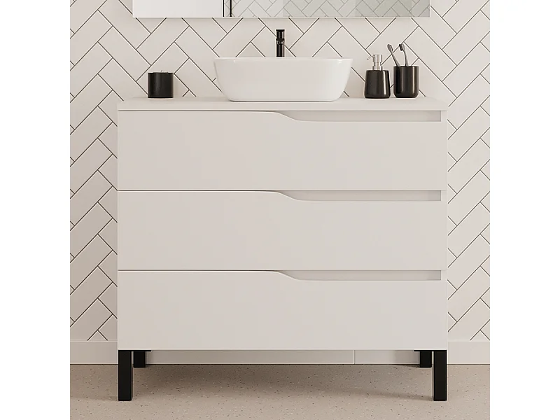 Meuble de salle de bain 90cm avec plateau et vasque à poser zeus - 3 tiroirs - blanc - MATA