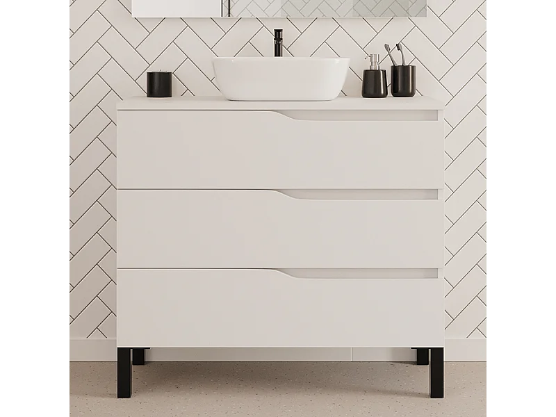 Meuble de salle de bain 90cm avec plateau et vasque à poser zeus - 3 tiroirs - blanc - MATA