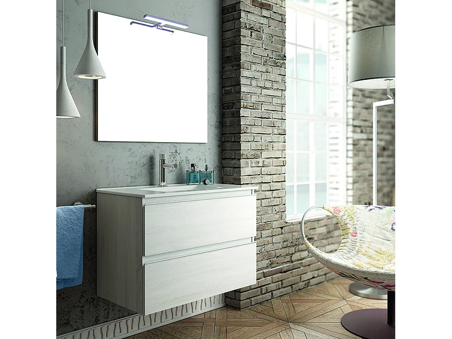 Meuble de salle de bain 60cm simple vasque - 2 tiroirs - BALEA - hibernian (bois blanchi)