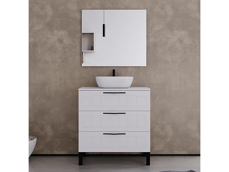 Meuble de salle de bain 70cm avec plateau et vasque à poser ovale - 3 tiroirs - blanc - CALA