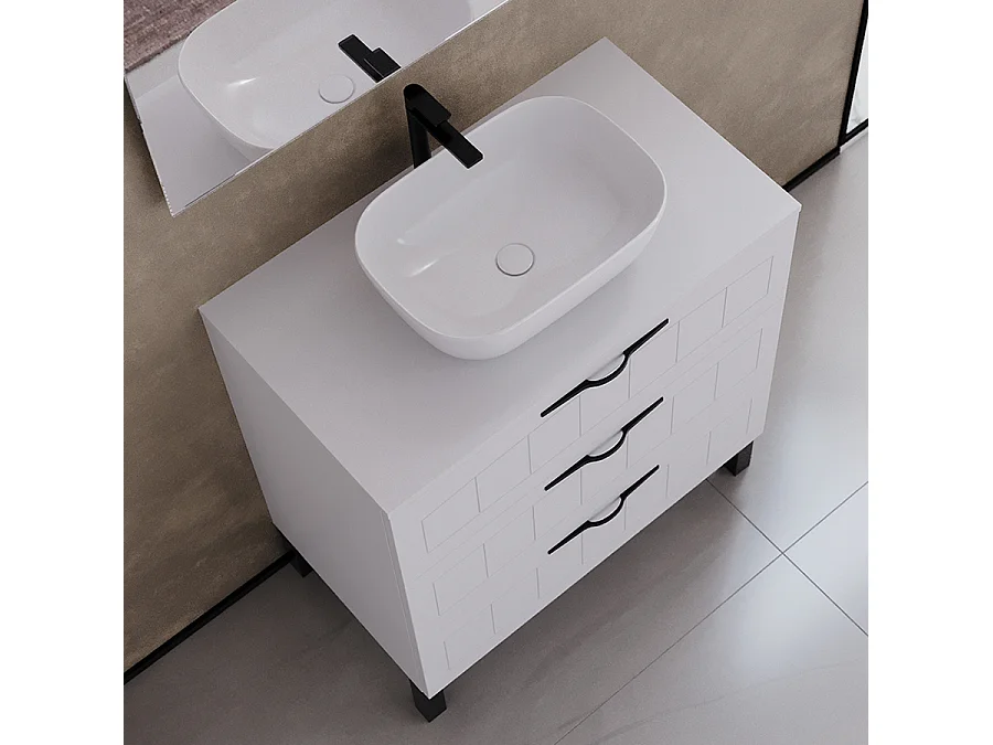 Meuble de salle de bain 70cm avec plateau et vasque à poser ovale - 3 tiroirs - blanc - CALA
