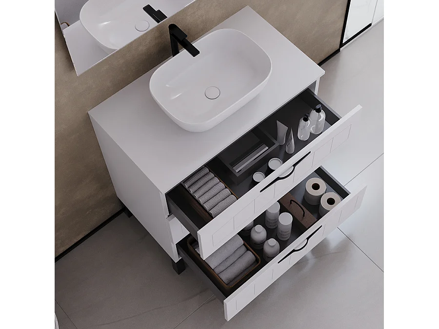 Meuble de salle de bain 70cm avec plateau et vasque à poser ovale - 3 tiroirs - blanc - CALA