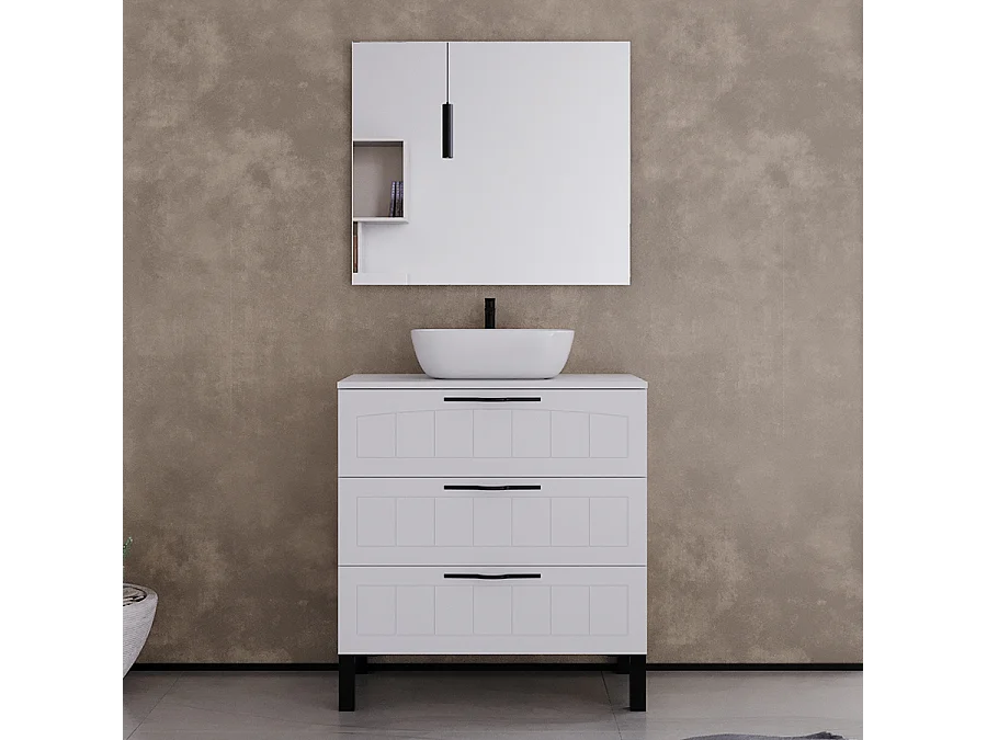 Meuble de salle de bain 70cm avec plateau et vasque à poser ovale - 3 tiroirs - blanc - CALA