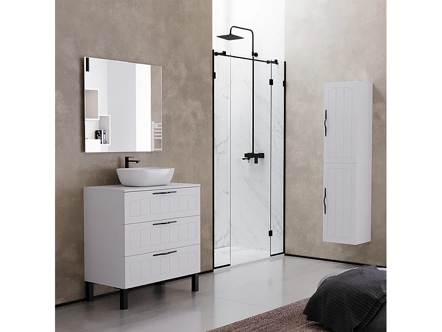 Meuble de salle de bain 70cm avec plateau et vasque à poser ovale - 3 tiroirs - blanc - CALA