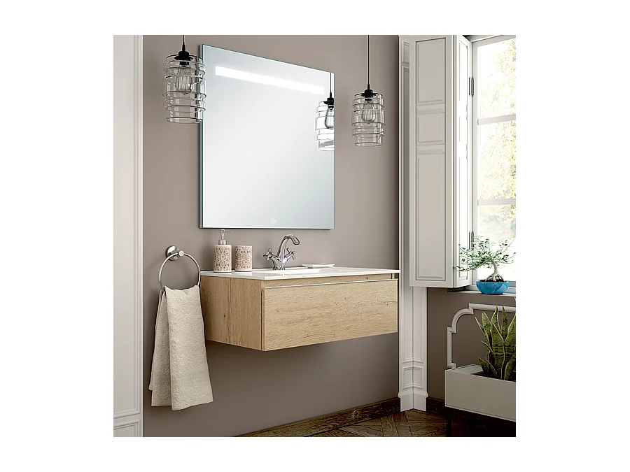 Meuble de salle de bain simple vasque - 1 tiroir - PENA et miroir Led STAM - bambou (chêne clair) - 80cm