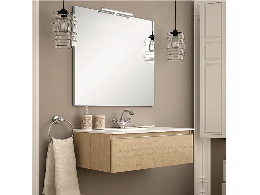 Meuble de salle de bain simple vasque - 1 tiroir - PENA et miroir Led STAM - bambou (chêne clair) - 80cm