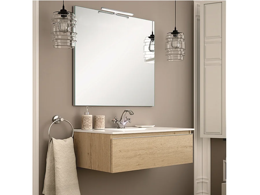 Meuble de salle de bain simple vasque - 1 tiroir - PENA et miroir Led STAM - bambou (chêne clair) - 80cm