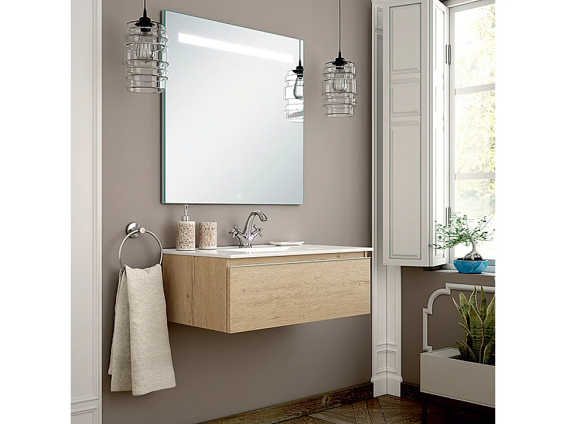 Meuble de salle de bain simple vasque - 1 tiroir - PENA et miroir Led STAM - bambou (chêne clair) - 80cm