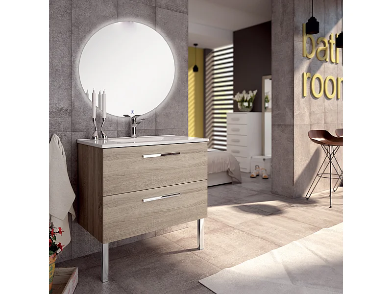 Meuble de salle de bain simple vasque - 2 tiroirs - CINTO et miroir rond led SOLEN - cambrian (chêne) - 80cm