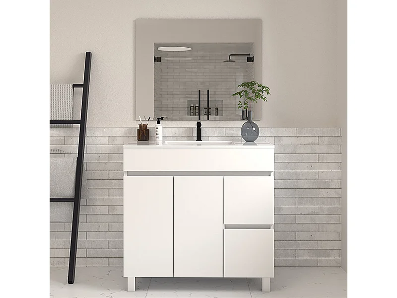 Meuble de salle de bain 70cm simple vasque sur pieds avec portes et tiroirs - blanc - HARO