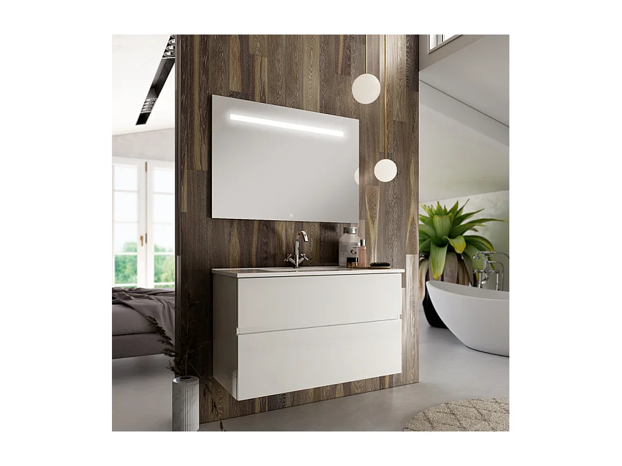 Meuble de salle de bain simple vasque - 2 tiroirs - MIG et miroir Led STAM - blanc - 70cm