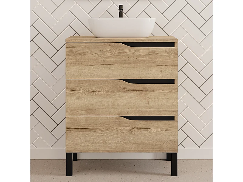 Meuble de salle de bain 60cm avec plateau et vasque à poser zeus - 3 tiroirs - sans miroir - madera miel (chêne clair) - MATA