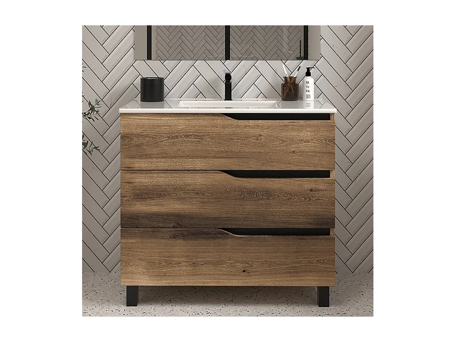 Meuble de salle de bain 80cm simple vasque - sans miroir - 3 tiroirs - tabaco (bois foncé) - MATA