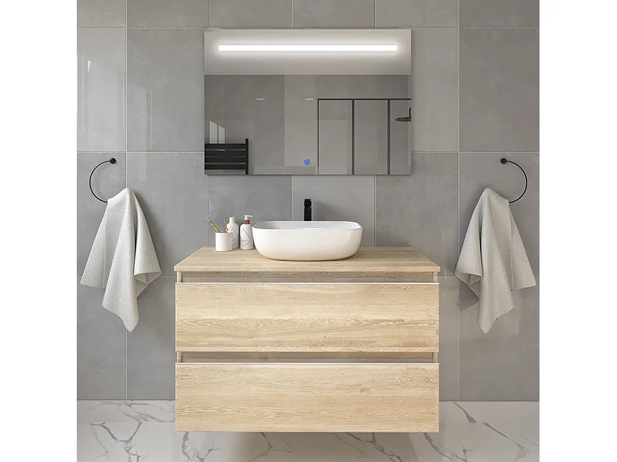 Meuble de salle de bain avec vasque à poser arrondie BALEA et miroir Led STAM - Bambou (chêne clair) - 70cm
